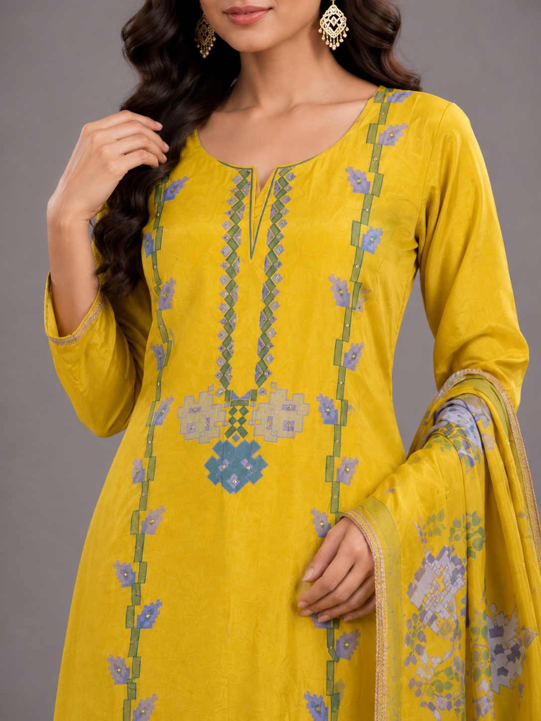 Women Mustard Yellow Thread Embroidered Unstitched Suit Set with Floral Border Detail & Matching Printed Dupatta