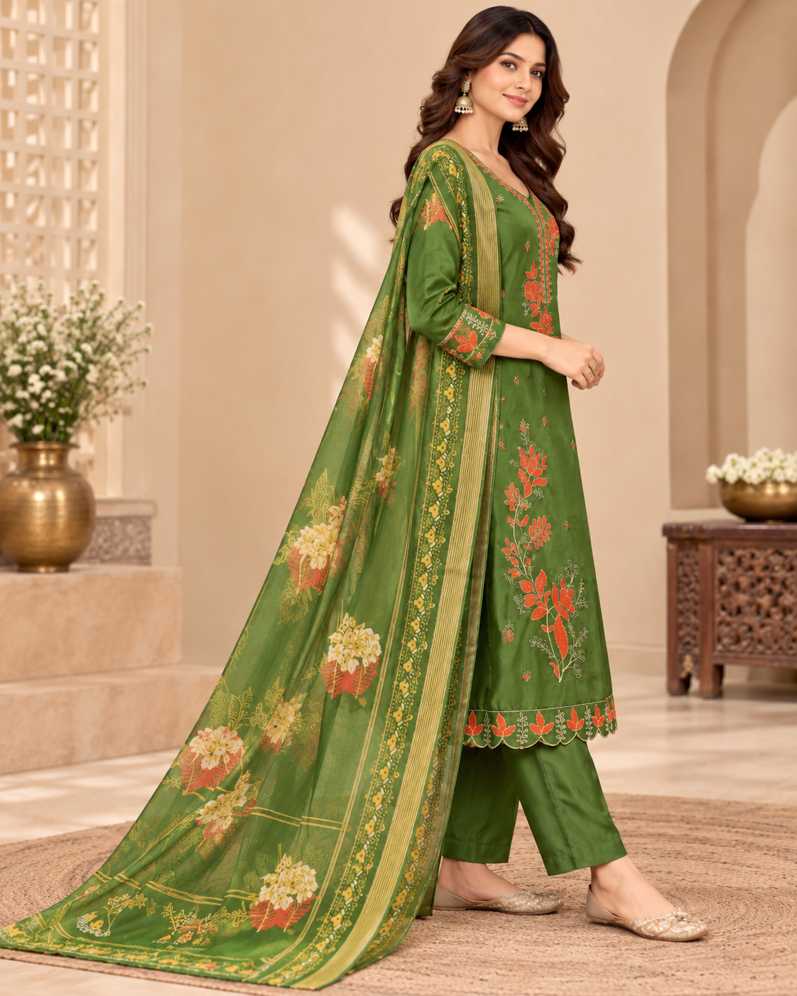 Women’s Olive Green Floral Embroidered Readymade Suit Set with Matching Pants & Printed Dupatta | 3 Piece Ethnic Wear Set for Festive and Party Wear