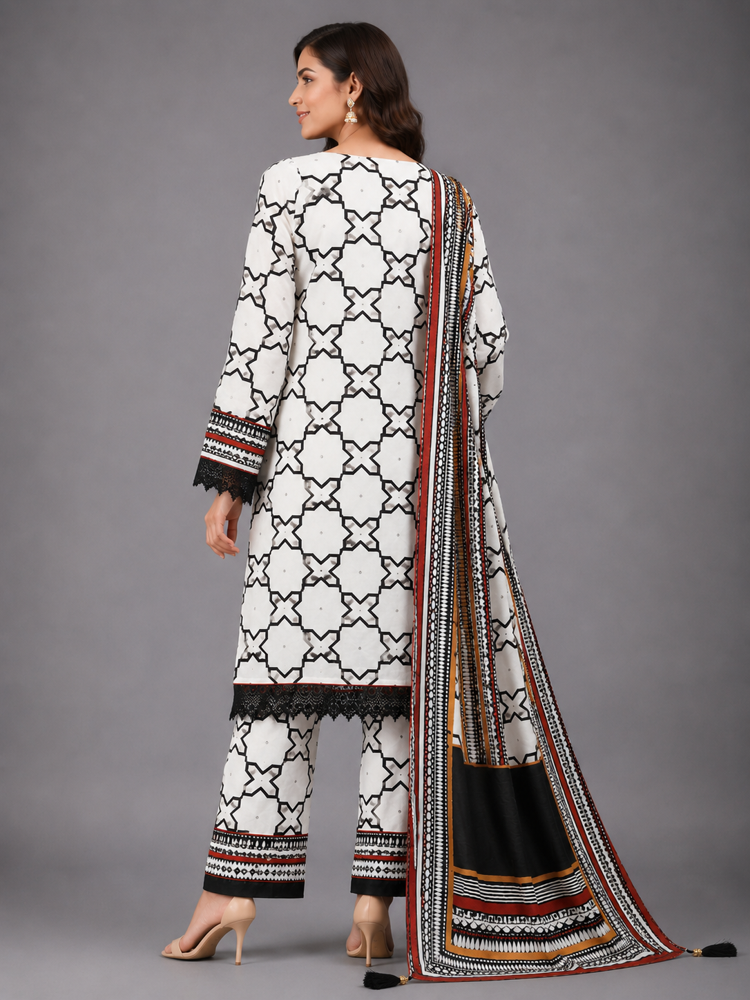 Women Off-White & Black Geometric Printed Unstitched Suit Set with Embroidered Yoke & Lace Border Dupatta