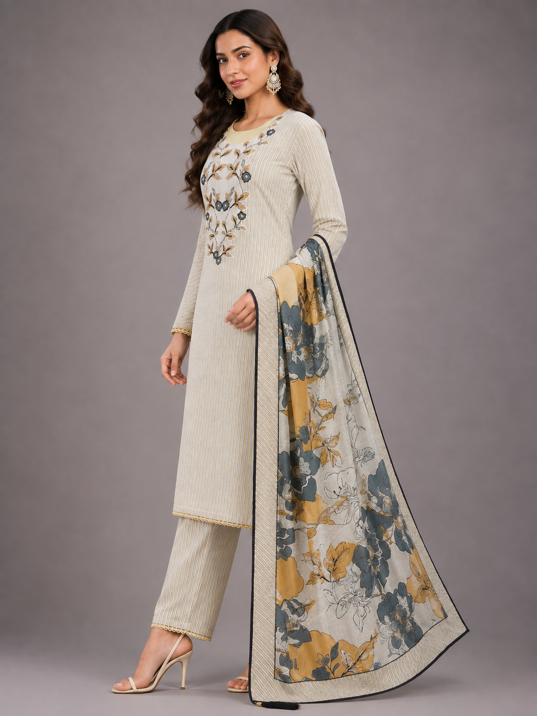 Off-White Pinstripe Floral Embroidered Unstitched Suit Set