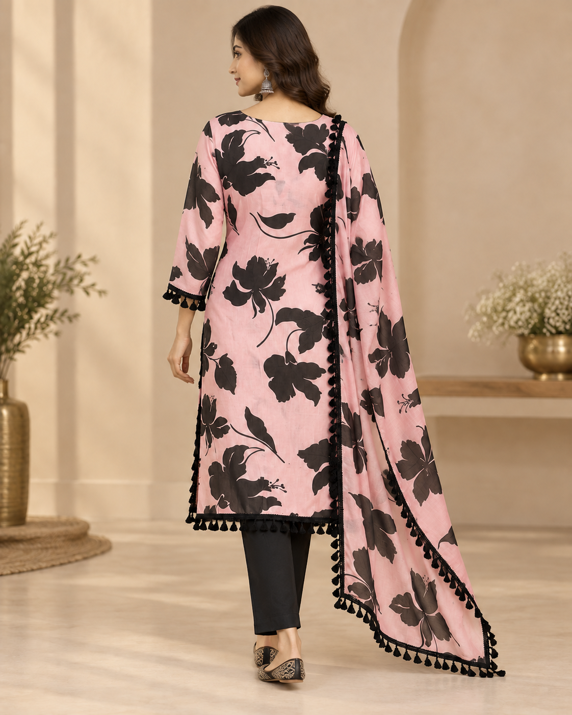 Pink & Black Floral Printed Suit Fabric, Printed Dress Material with Black Pom-Pom Lace Detail, Designer Fabric Printed Suit Material with Dupatta | Ethnic Dress Material