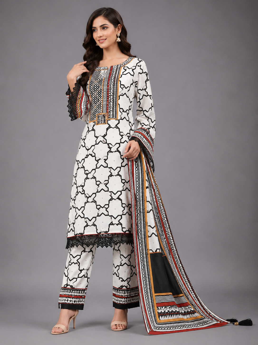 Women Off-White & Black Geometric Printed Unstitched Suit Set with Embroidered Yoke & Lace Border Dupatta