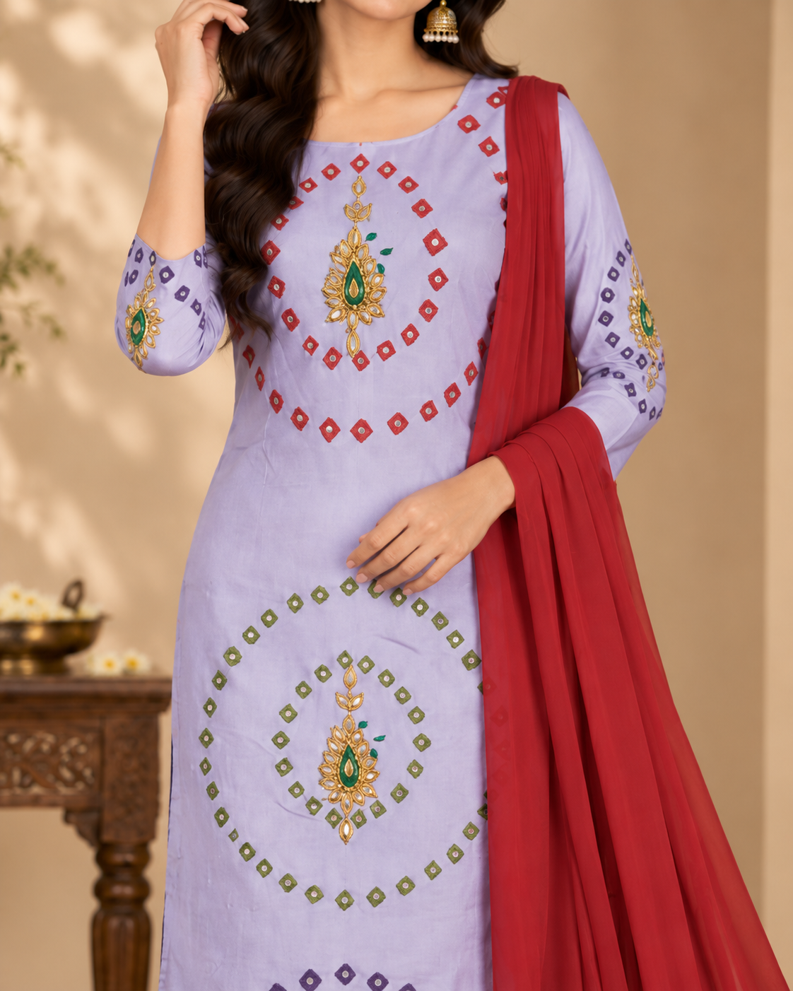 Women’s Lavender Cotton Printed Suit Material with Traditional Embroidery & Red Dupatta | Ethnic Dress Material