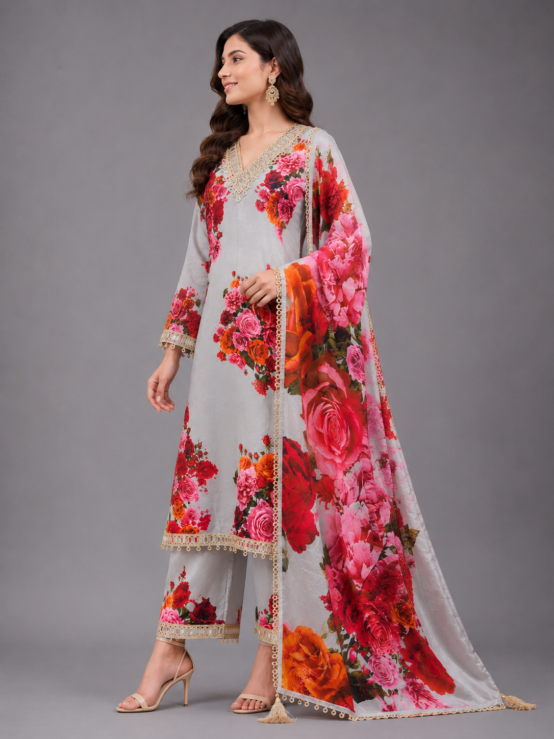 Women Light Grey Floral Printed Unstitched Suit Set with V-Neck Gota Patti Border & Matching Dupatta
