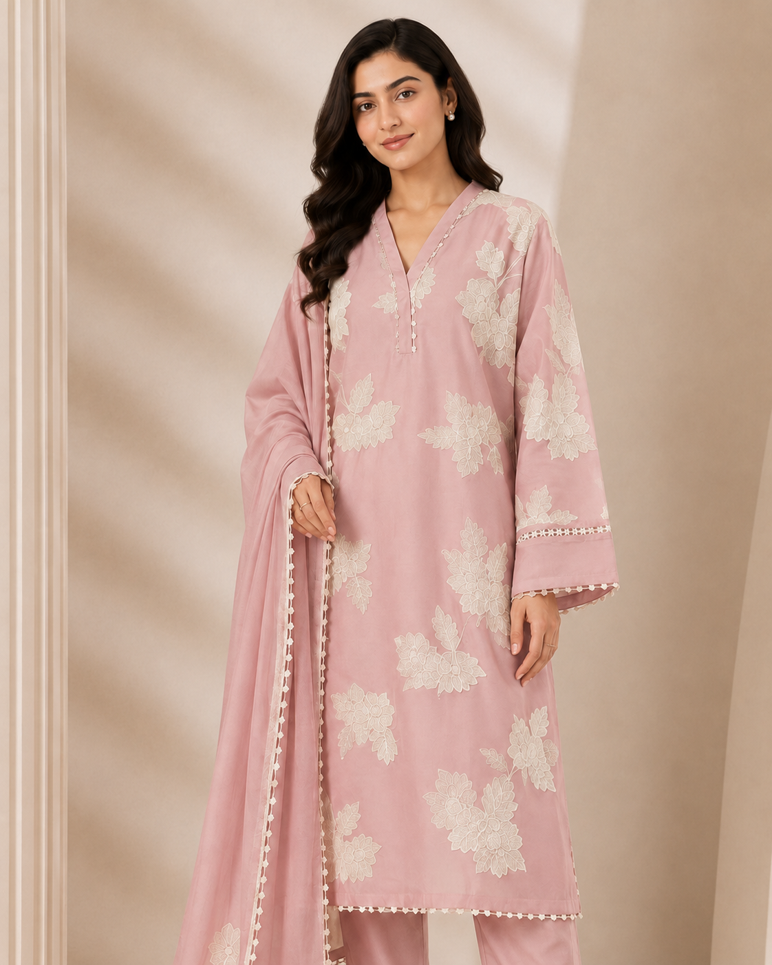 A woman models a three-piece traditional Indian outfit consisting of a dusty pink kurta with white floral embroidery, matching pink trousers, and a coordinating pink dupatta with white floral prints and pom-pom trim, set against a beige architectural background with soft shadows.
