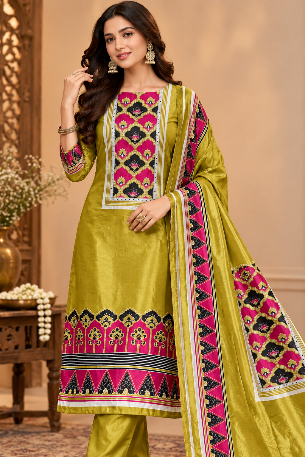 Olive Green & Pink Geometric Printed Unstitched 3-Piece Suit Set with Designer Dupatta