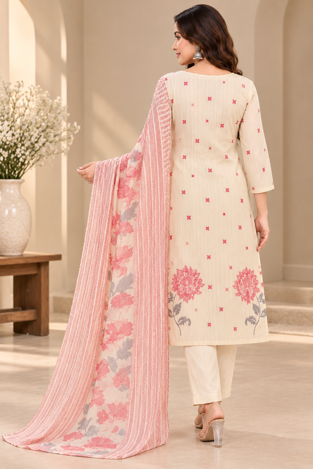 Women’s Cream and Pink Embroidered Unstitched Salwar Suit Set with Floral Printed Dupatta | 3 Piece Ethnic Dress Material for Women