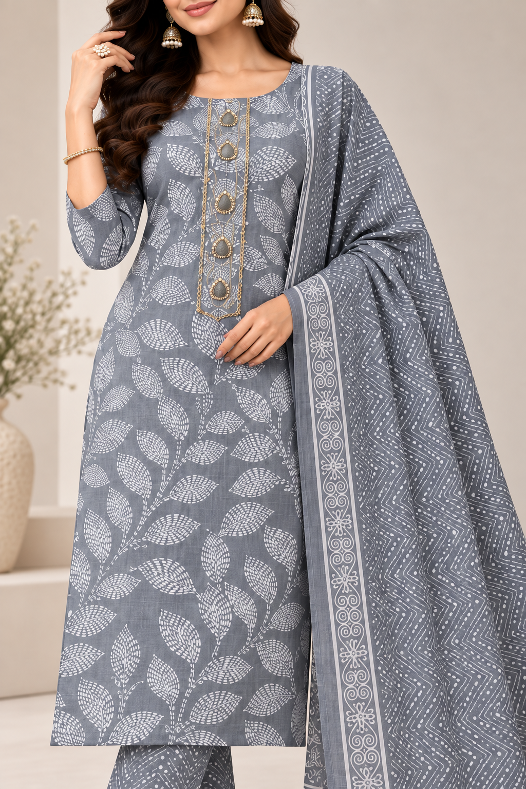 Women Grey Floral Printed Unstitched 3-Piece Suit Set with Printed Kurta, Matching Bottom & Dupatta