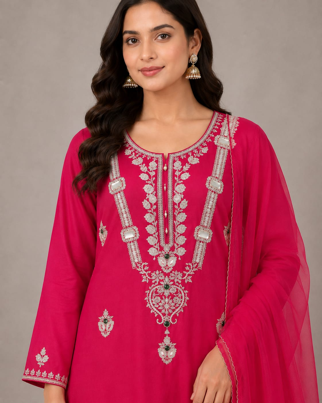 Women’s Rani Pink Embroidered Roman Silk Kurta Set with Dupatta