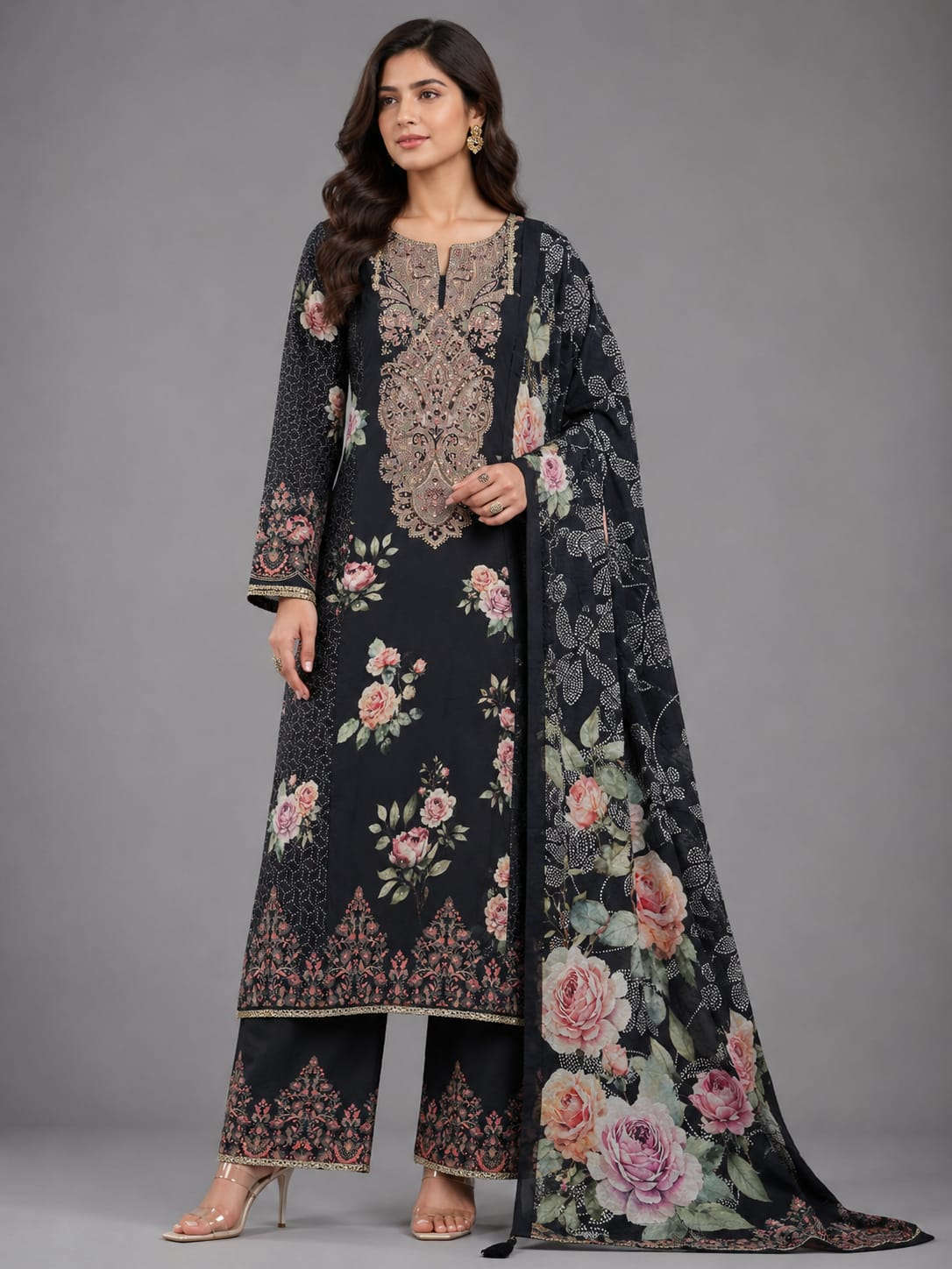 Black Rose Garden Printed Unstitched Suit Set