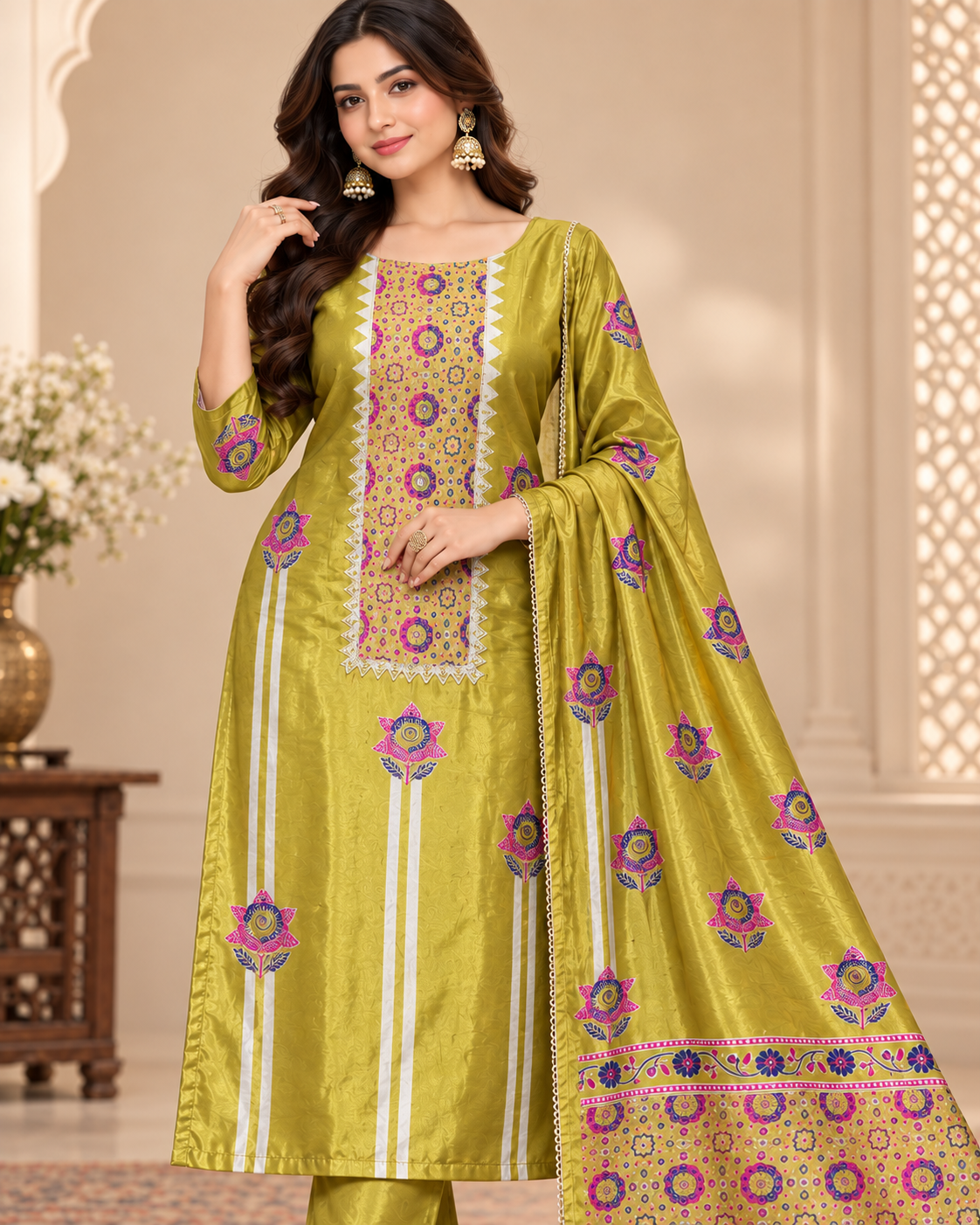 A woman models a traditional Indian salwar kameez suit in a warm beige interior setting. The set is a solid olive-yellow color with white stripes and pink and gold floral embroidery, including a matching embroidered dupatta.