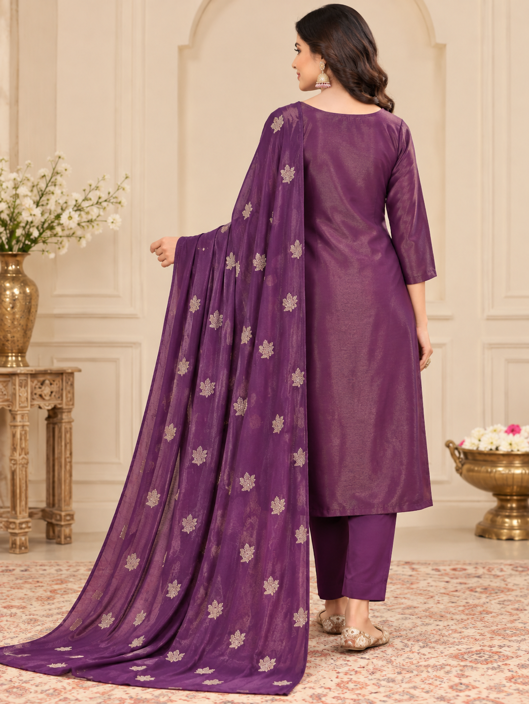 Women’s Purple Embroidered Readymade Suit Set with Matching Pant & Dupatta | 3 Piece Ethnic Wear Set