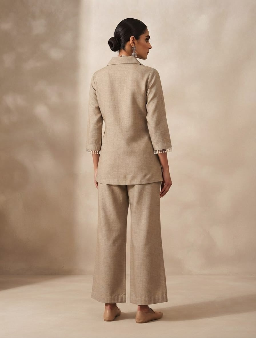 A woman stands against a warm beige textured backdrop wearing a matching beige two-piece outfit with a collared embroidered kurta and wide-leg trousers. The kurta has delicate floral embroidery around the neckline and three-quarter sleeves with ruffled cuffs.
