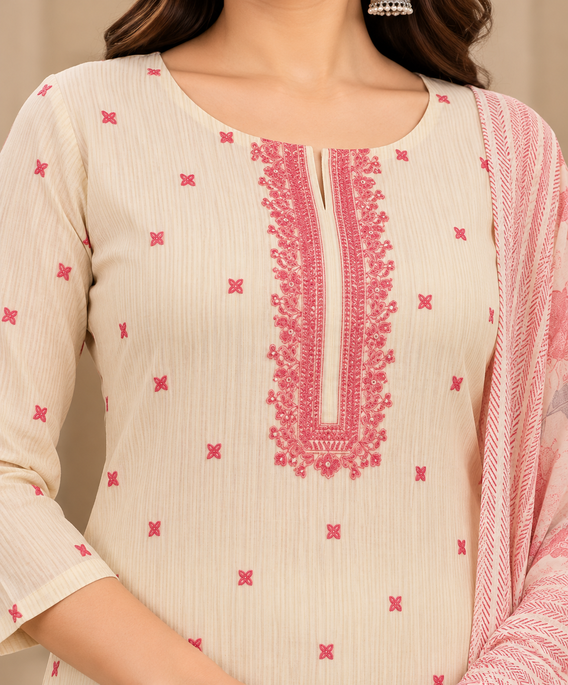Women’s Cream and Pink Embroidered Unstitched Salwar Suit Set with Floral Printed Dupatta | 3 Piece Ethnic Dress Material for Women