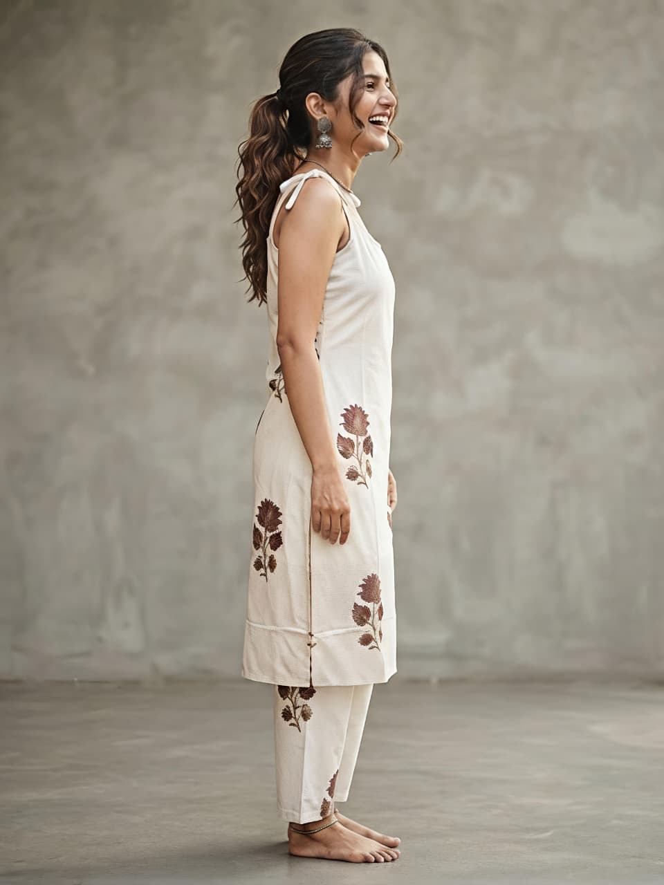 Brown Floral Booty Ivery Cotton Co-ord Set For Women