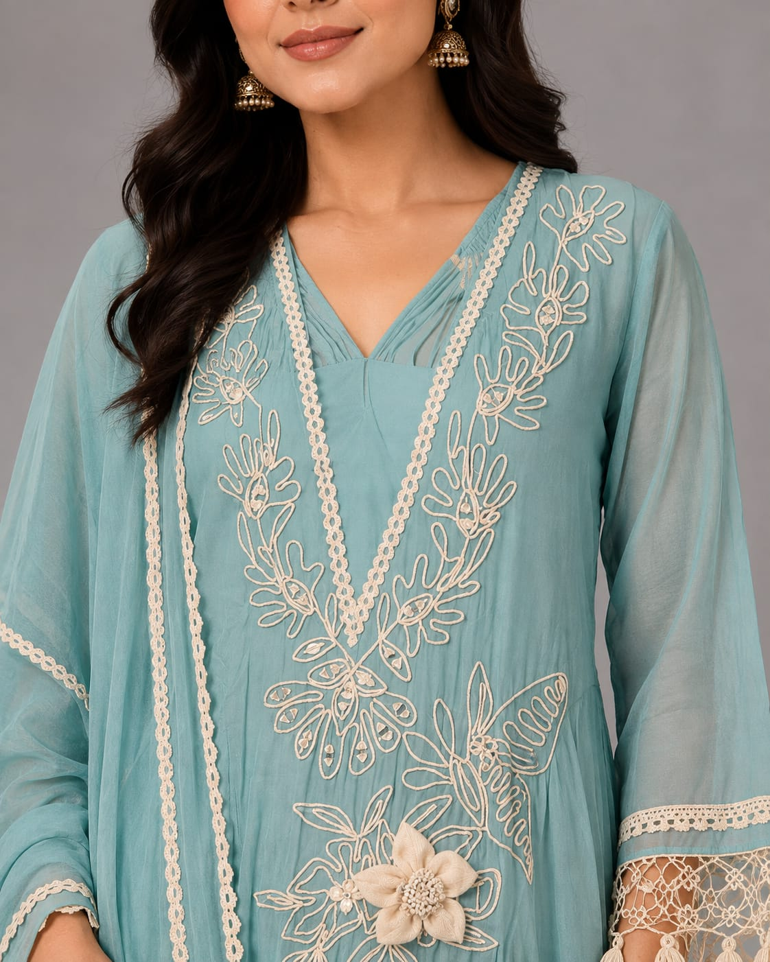 Women’s Sky Blue Floral Embroidered Mul Chanderi Kurta Pant Set with Matching Dupatta