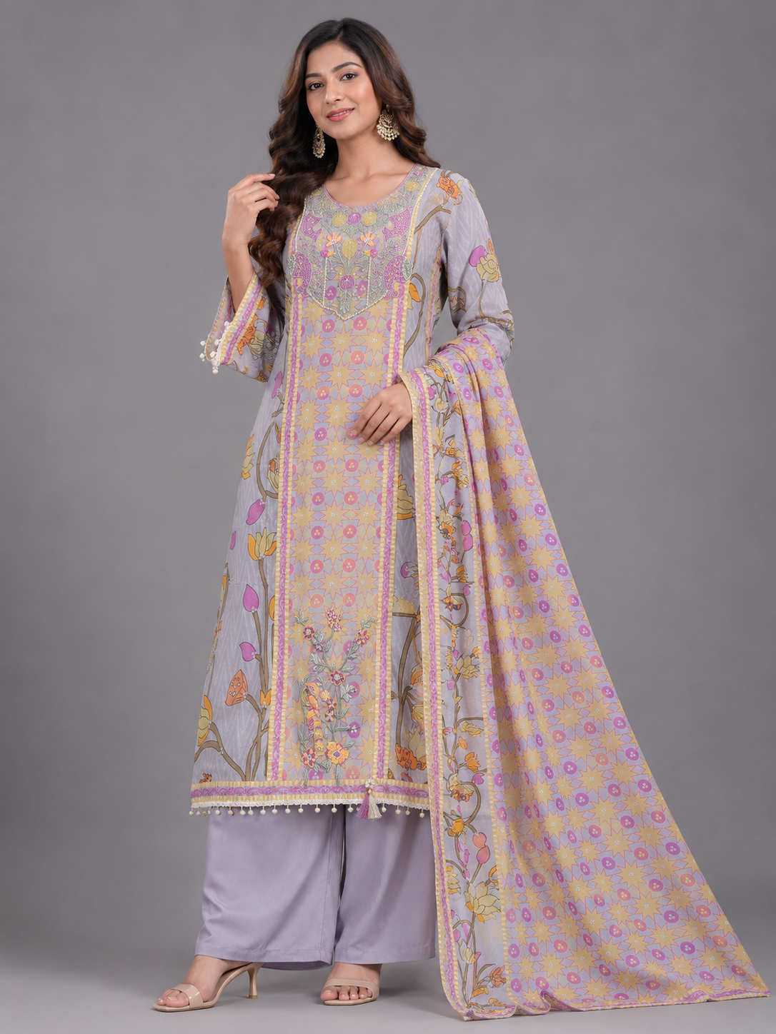 Pastel Lilac & Yellow Printed Unstitched Suit Set