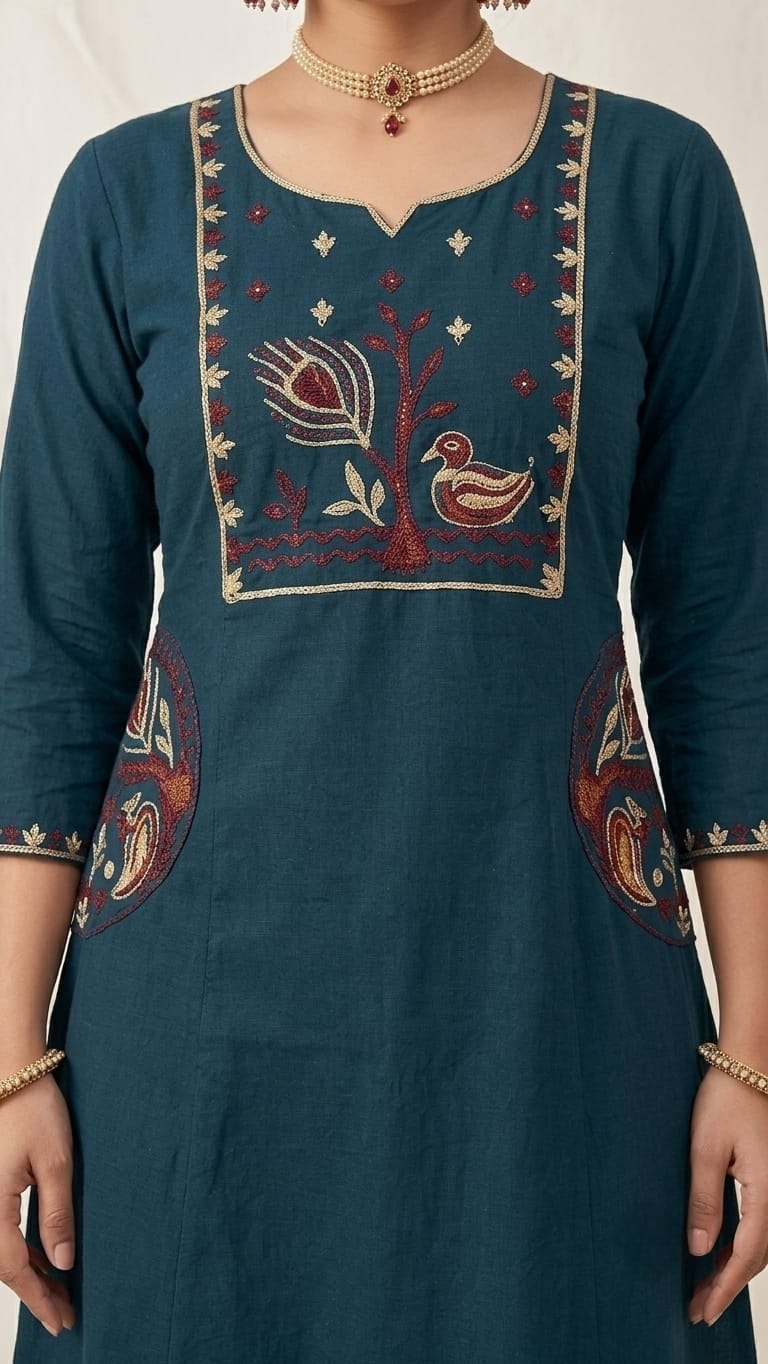 Designer Dabu Cotton Bottle Green Co-ord Set With Embroidery work