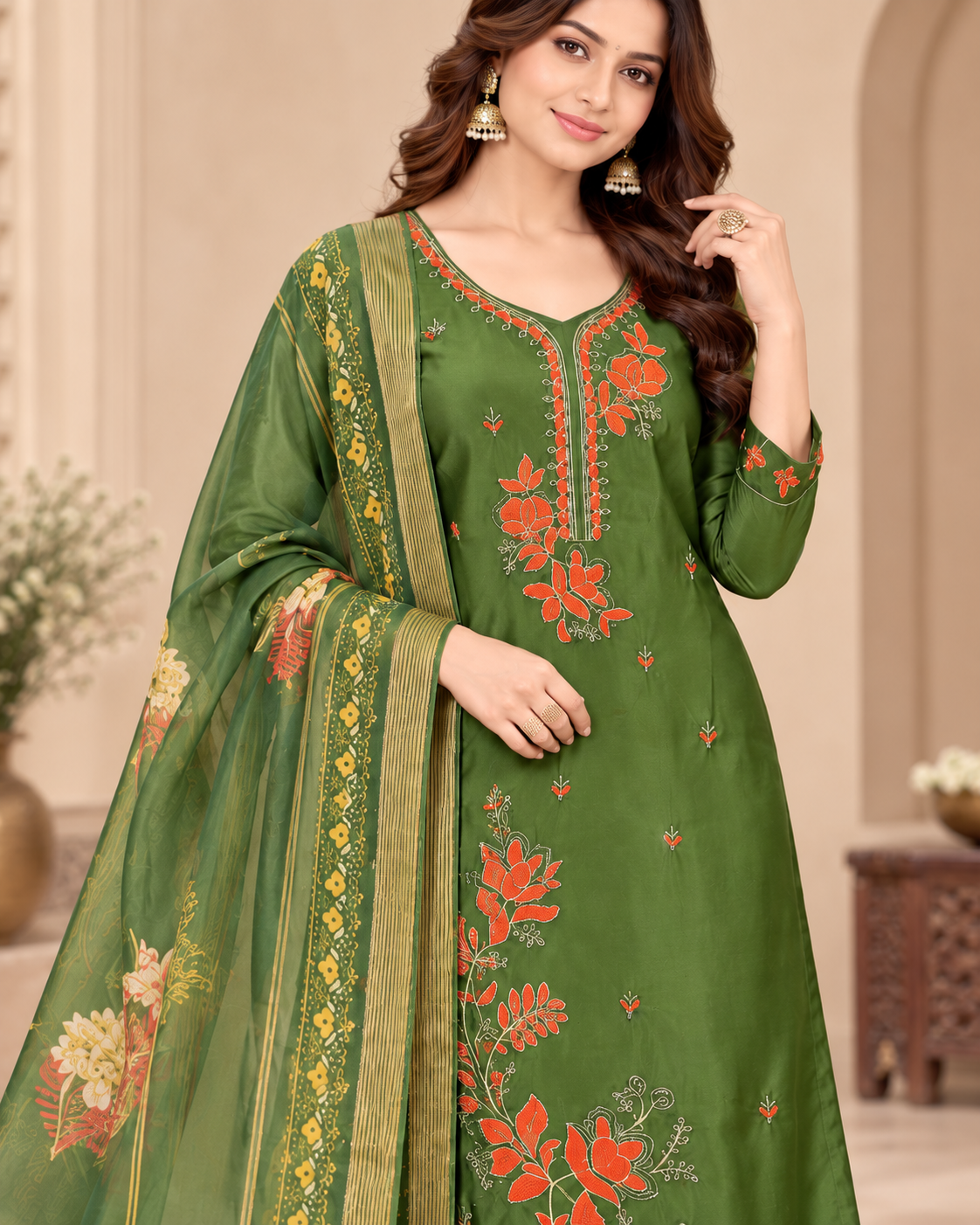 Women’s Olive Green Floral Embroidered Readymade Suit Set with Matching Pants & Printed Dupatta | 3 Piece Ethnic Wear Set for Festive and Party Wear