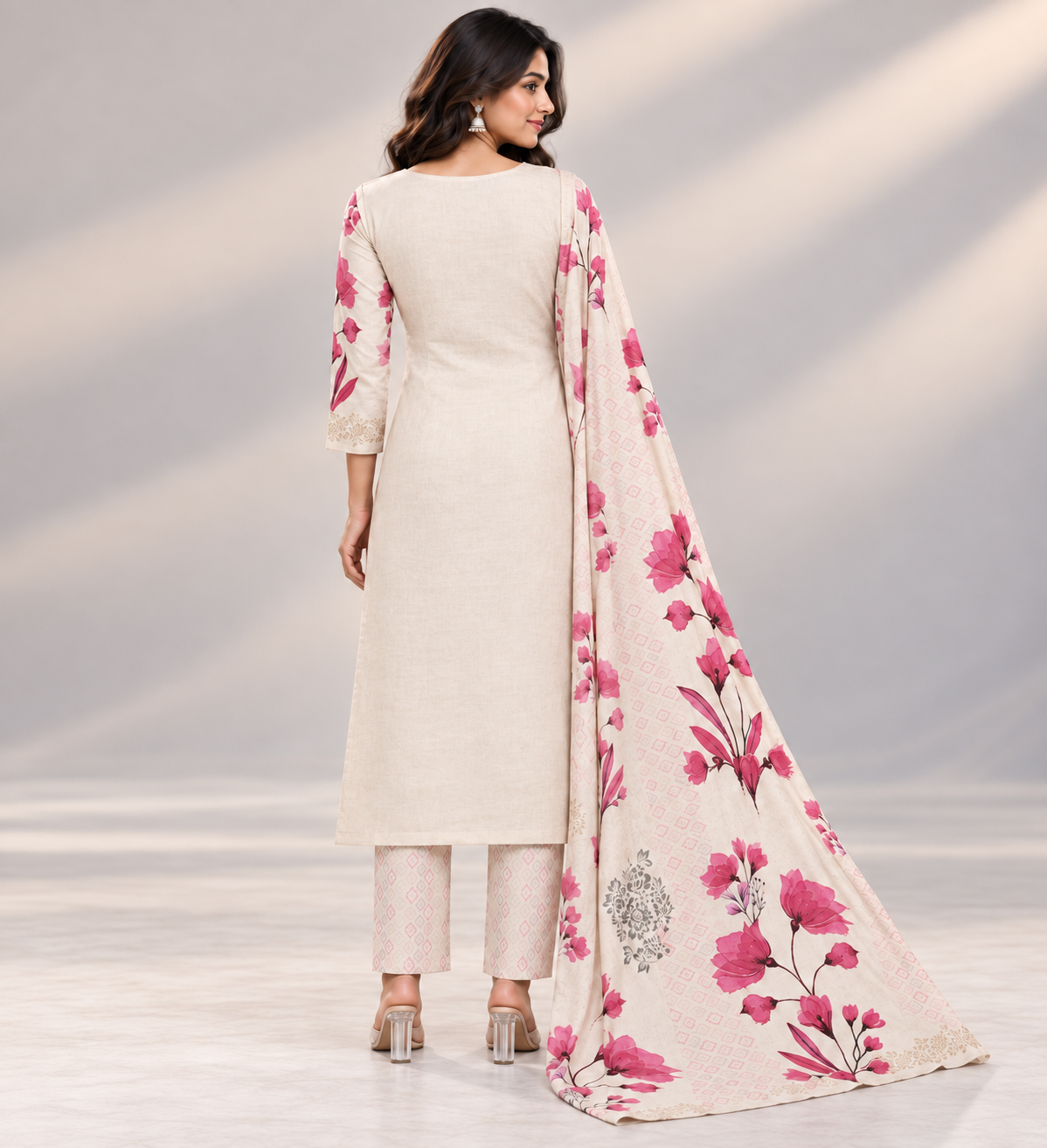 White Floral Printed Suit Set | Designer 3-Piece Salwar Suit with Embroidered Neck & Matching Dupatta