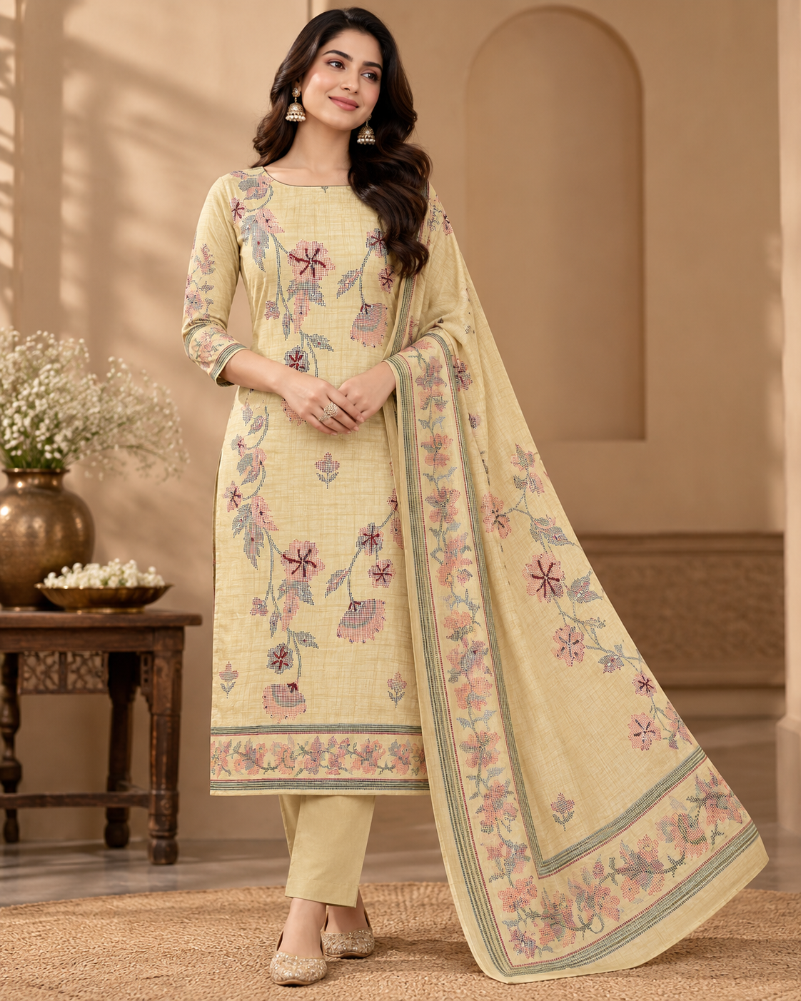 Women Yellow Embroidered 3-Piece Suit Set with Printed Kurta, Matching Pant & Solid Dupatta