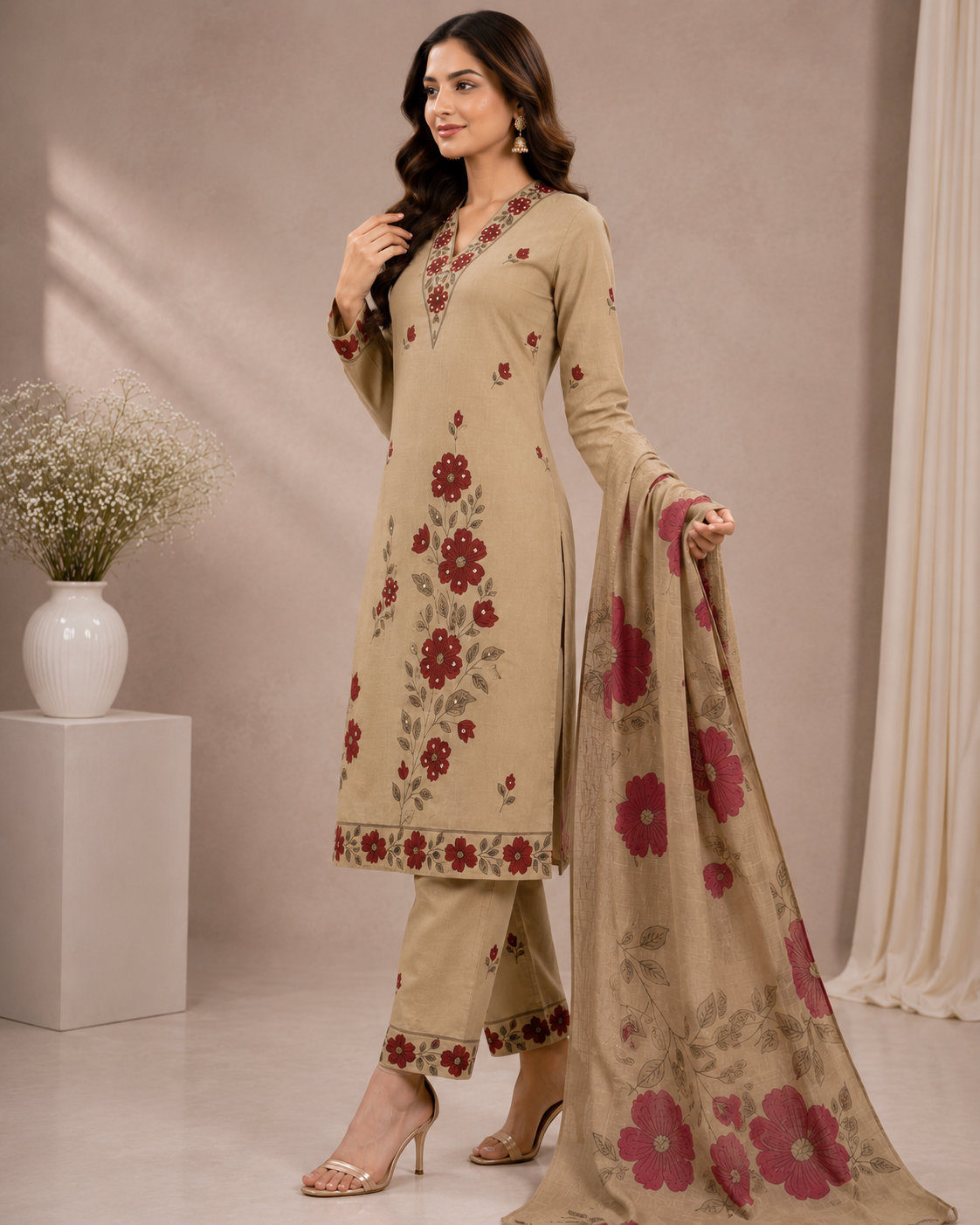 Women’s Beige Floral Printed Jam Satin Unstitched Suit Set with Embroidered Neck, Matching Bottom & Floral Dupatta