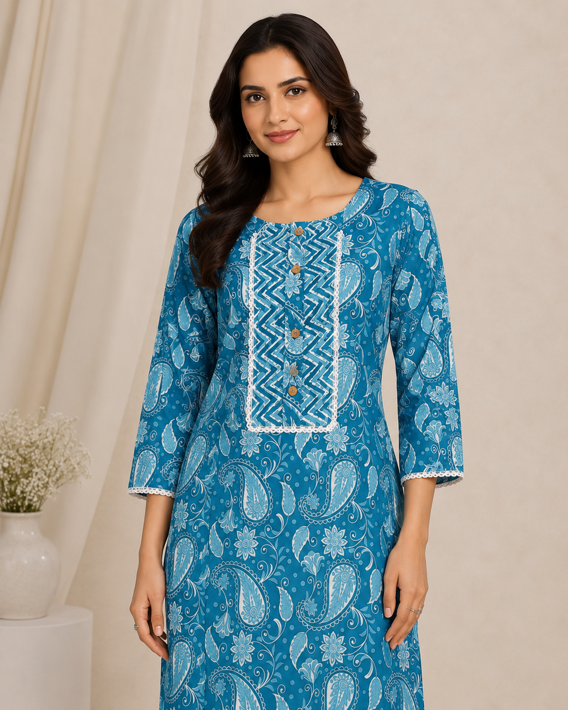 A woman modeling a blue printed kurta and matching pants set with beige heeled sandals, standing in a studio with a neutral beige backdrop and a small vase of flowers on the left.