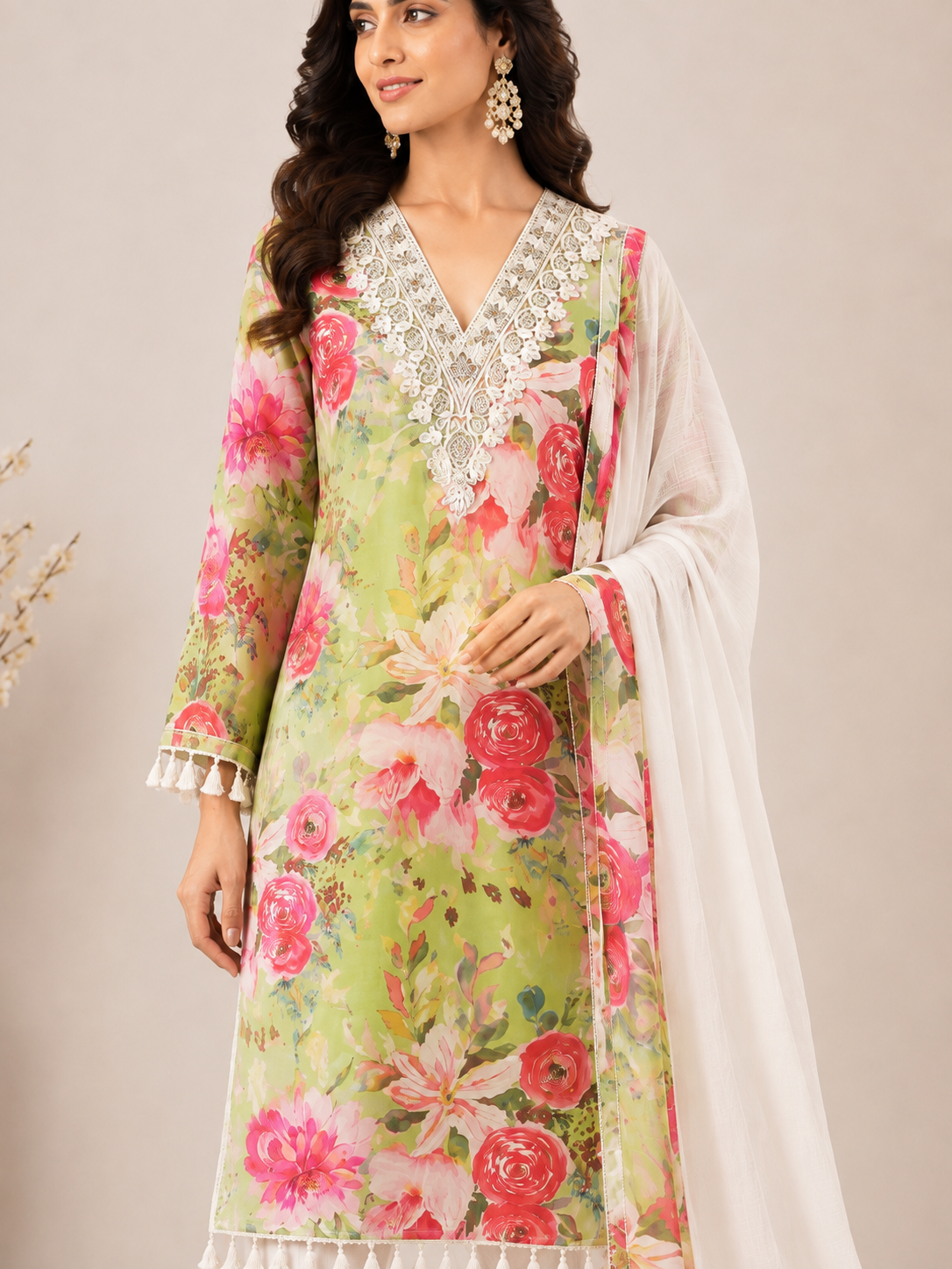 Women’s Lime Floral Handwork Embroidered Cotton Kurta Set with Dupatta