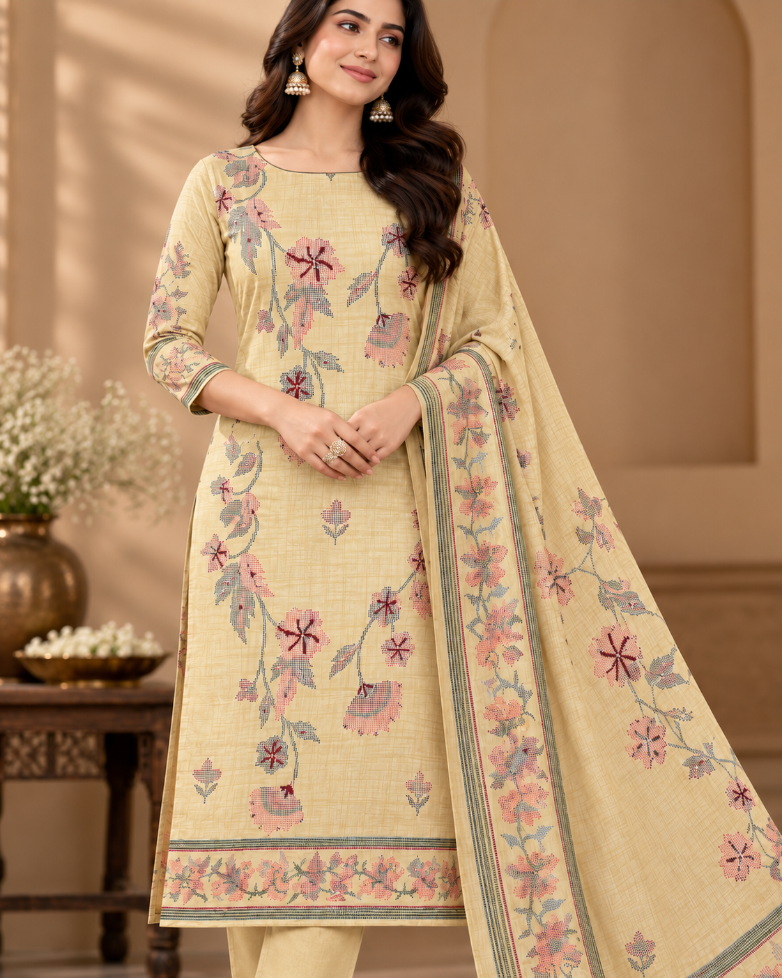 Women Yellow Embroidered 3-Piece Suit Set with Printed Kurta, Matching Pant & Solid Dupatta