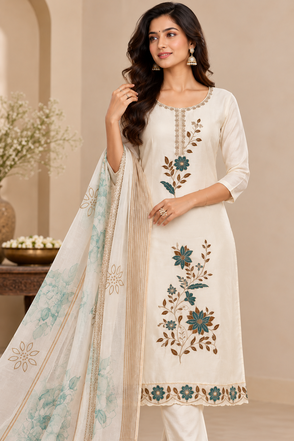 Women’s Cream Embroidered Readymade Suit Set with Matching Pant & Printed Dupatta | 3 Piece Ethnic Wear Set