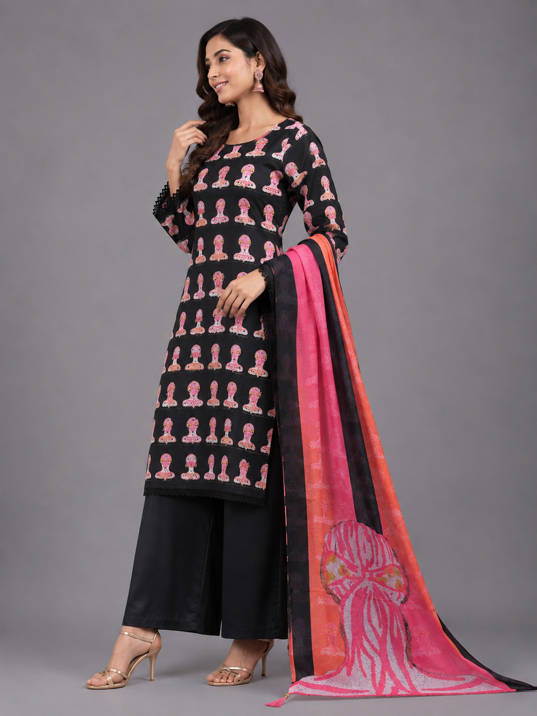 Black Novelty Figurative Printed Cotton Unstitched Kurta Dress Material with Peach & Pink Striped Dupatta