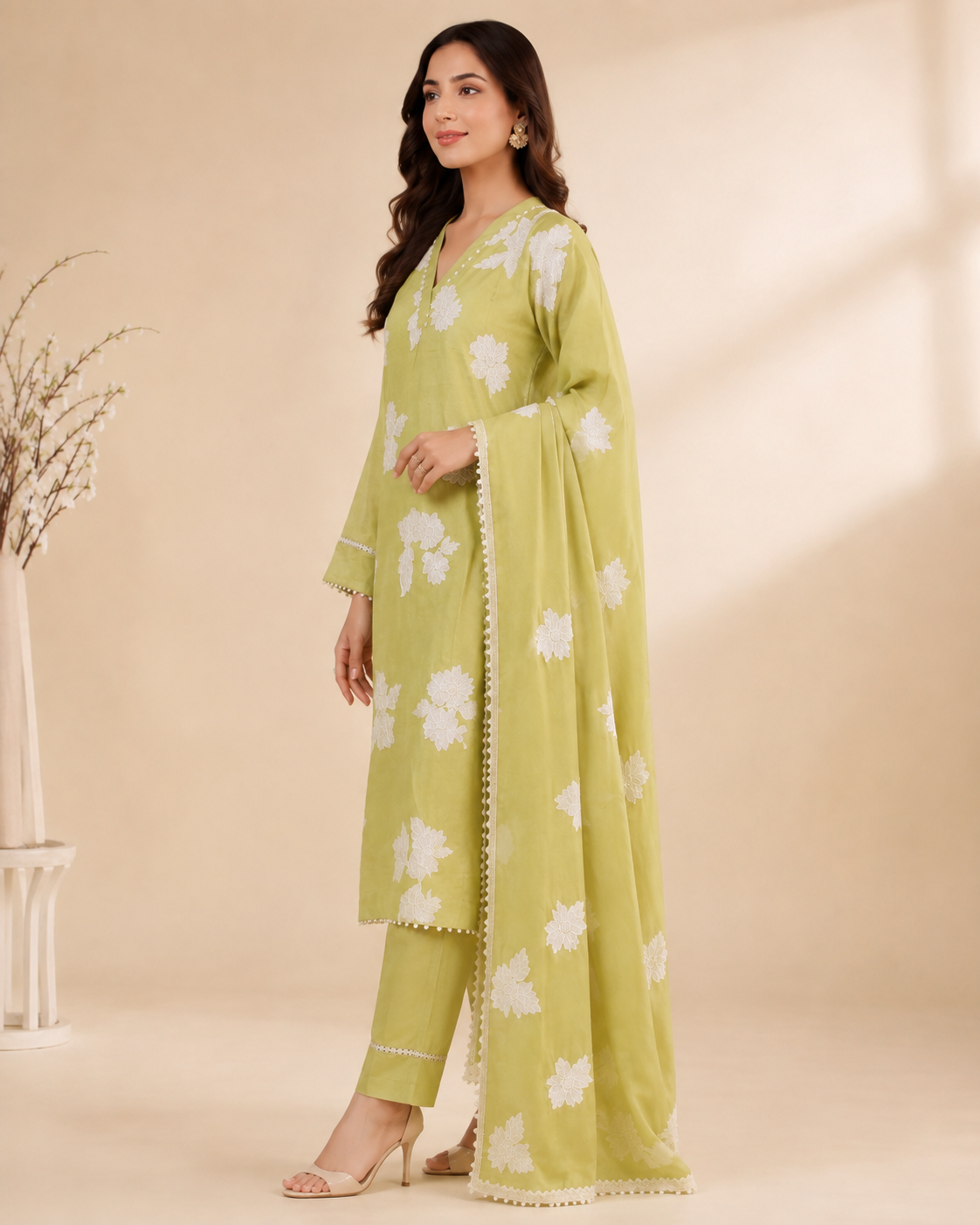 A woman models a light Yellow three-piece salwar kameez suit with white floral embroidery, matching trousers, and a coordinating dupatta, set against a warm beige background.