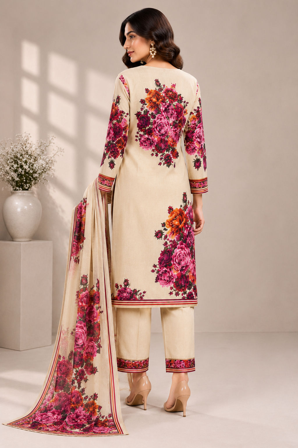 Women’s Cream Floral Printed Jam Satin Unstitched Suit Set with Embroidered Neck & Matching Dupatta