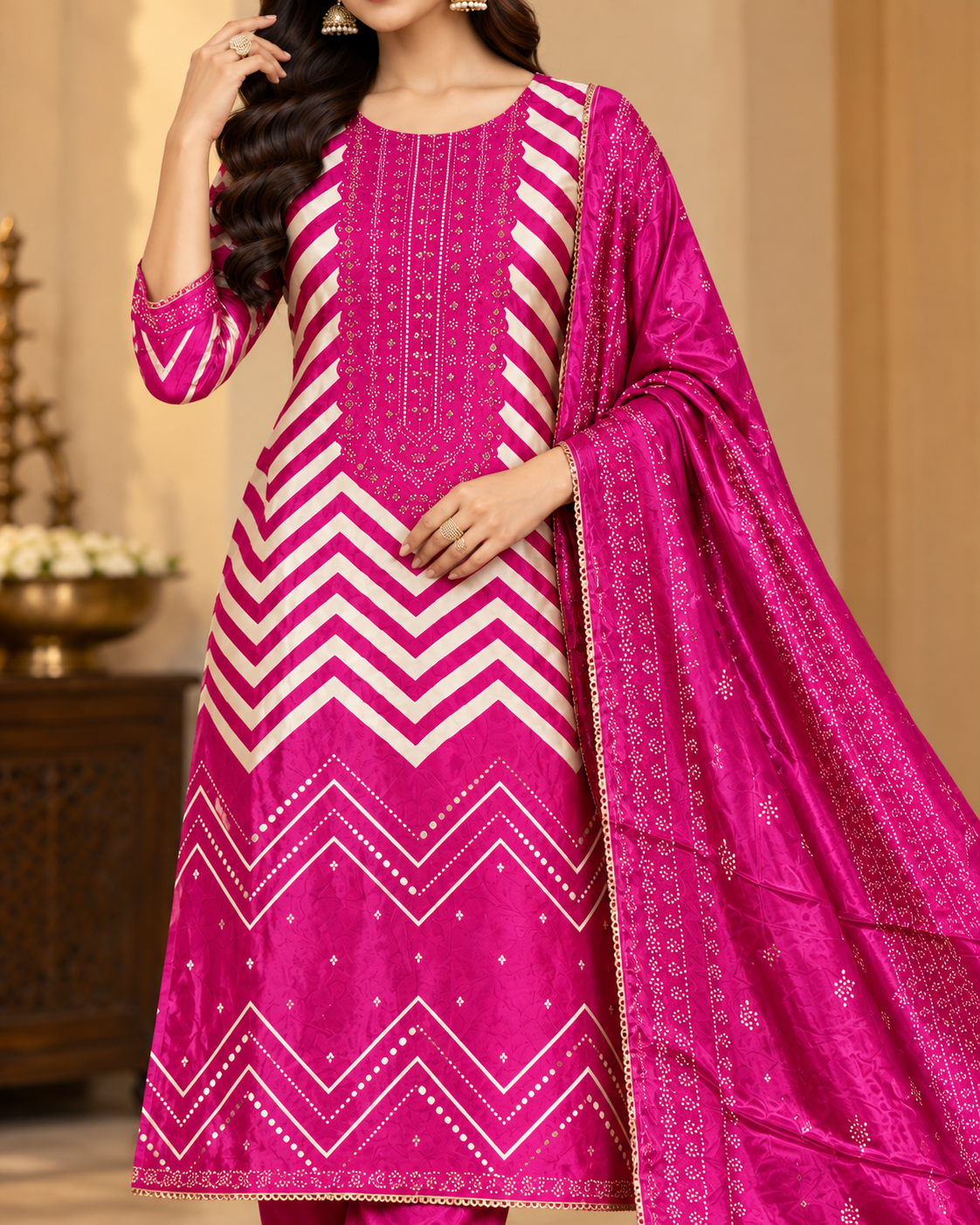 Magenta Pink Chevron Printed Unstitched 3-Piece Suit Set with Matching Dupatta