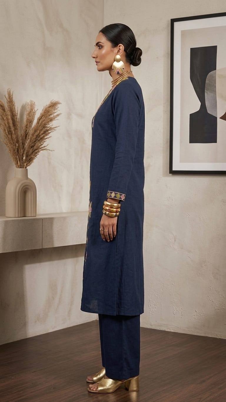 Designer Dabu Cotton Blue Co-ord Set With Embroidery work