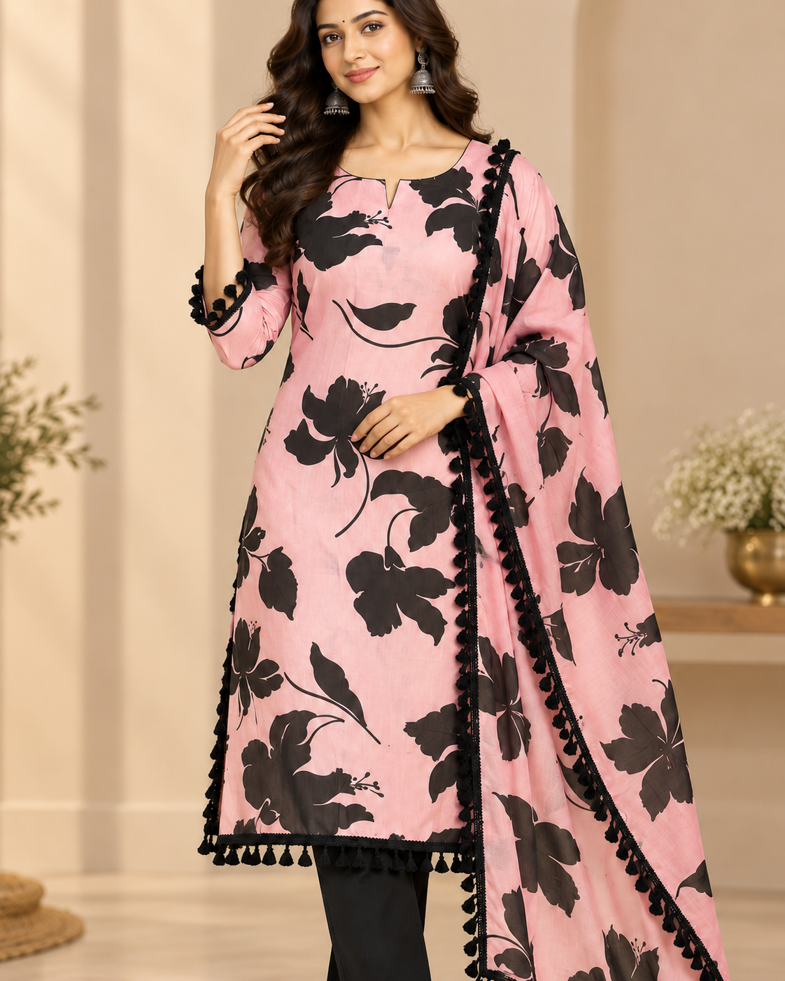 Pink & Black Floral Printed Suit Fabric, Printed Dress Material with Black Pom-Pom Lace Detail, Designer Fabric Printed Suit Material with Dupatta | Ethnic Dress Material