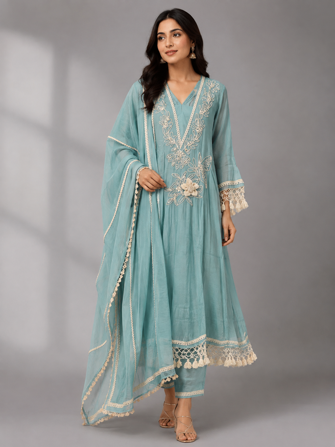 Women’s Sky Blue Floral Embroidered Mul Chanderi Kurta Pant Set with Matching Dupatta