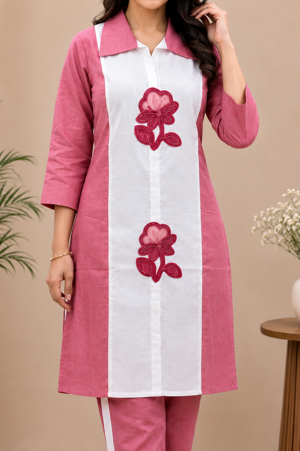 A woman modeling a pink and white kurta set with embroidered rose motifs on the front panel, standing in a styled indoor setting with plants and a side table.