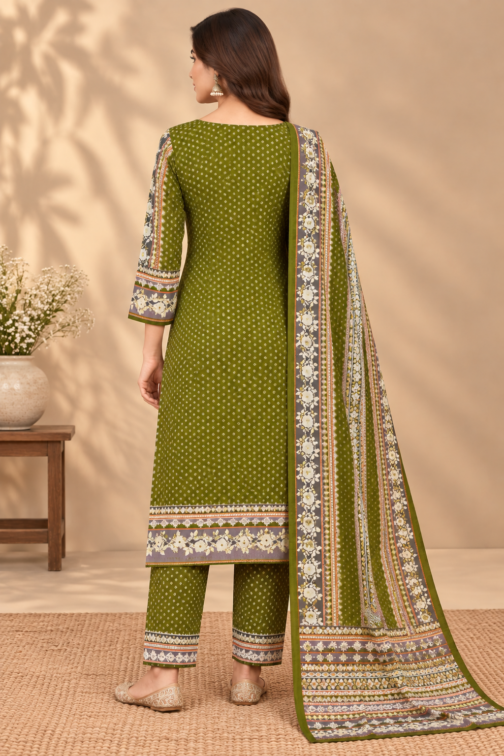 A woman models a three-piece olive green salwar kameez suit with intricate multicolor embroidery and a matching dupatta, set against a warm beige background with a rustic wooden table and vase.