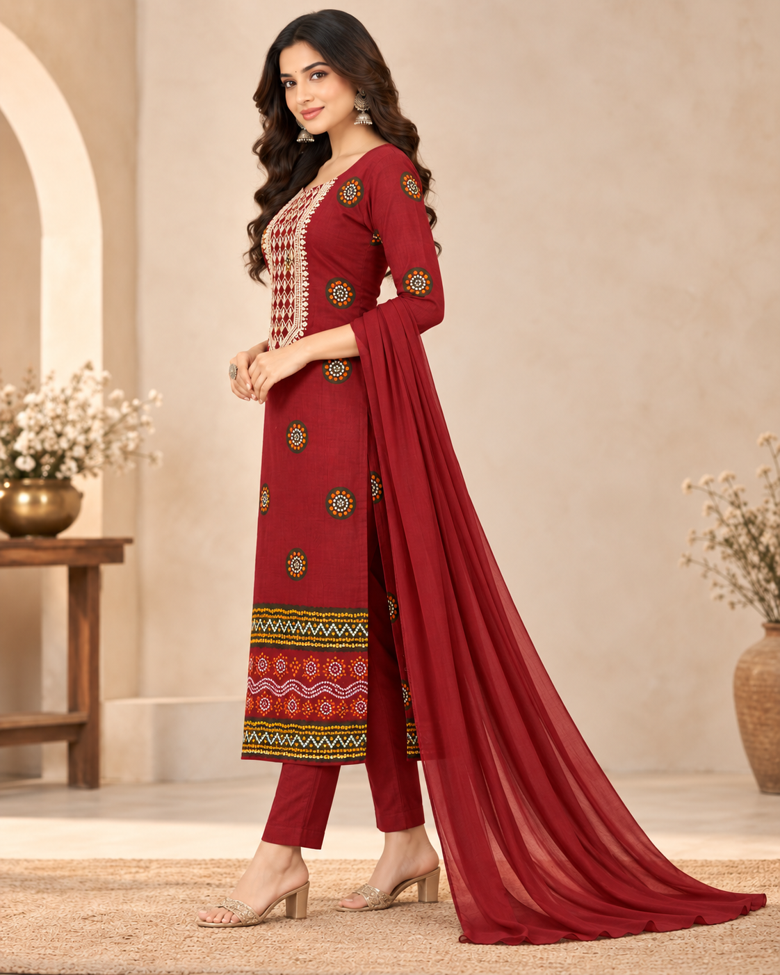 A woman models a traditional Indian salwar kameez suit in deep maroon. The kurta features intricate gold, green, and white embroidery around the neckline and a matching geometric border at the hem, paired with matching trousers and a flowing dupatta.