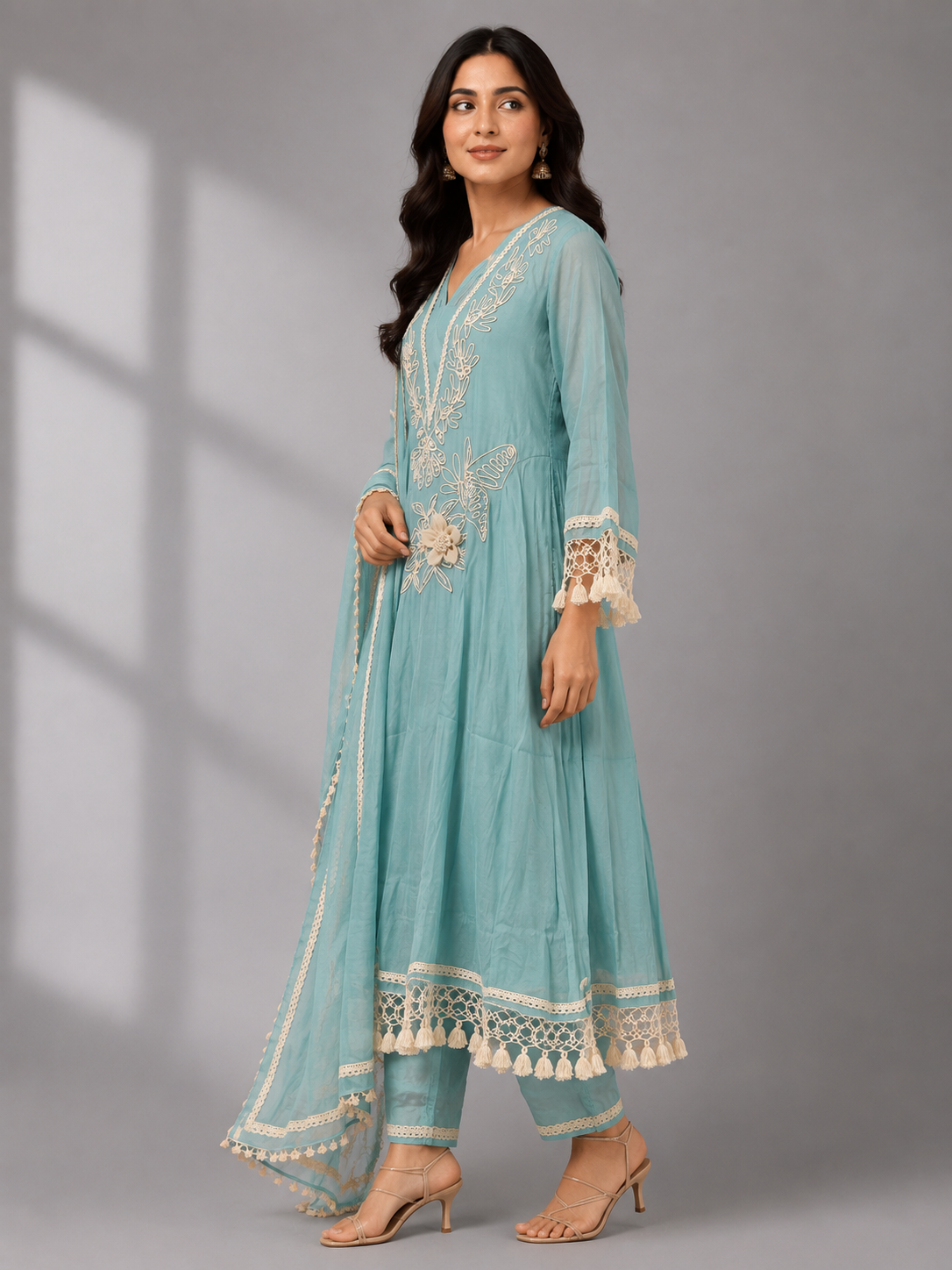 Women’s Sky Blue Floral Embroidered Mul Chanderi Kurta Pant Set with Matching Dupatta