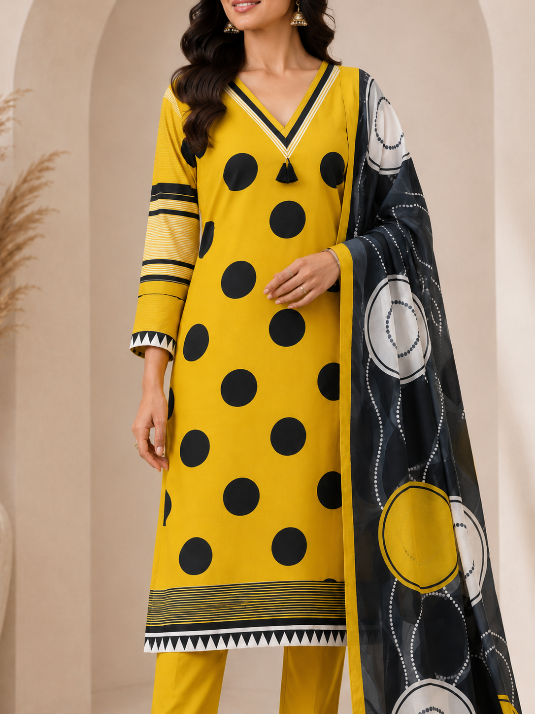 Women’s Mustard Yellow & Black Polka Dot Printed Rayon Kurta Set with Dupatta