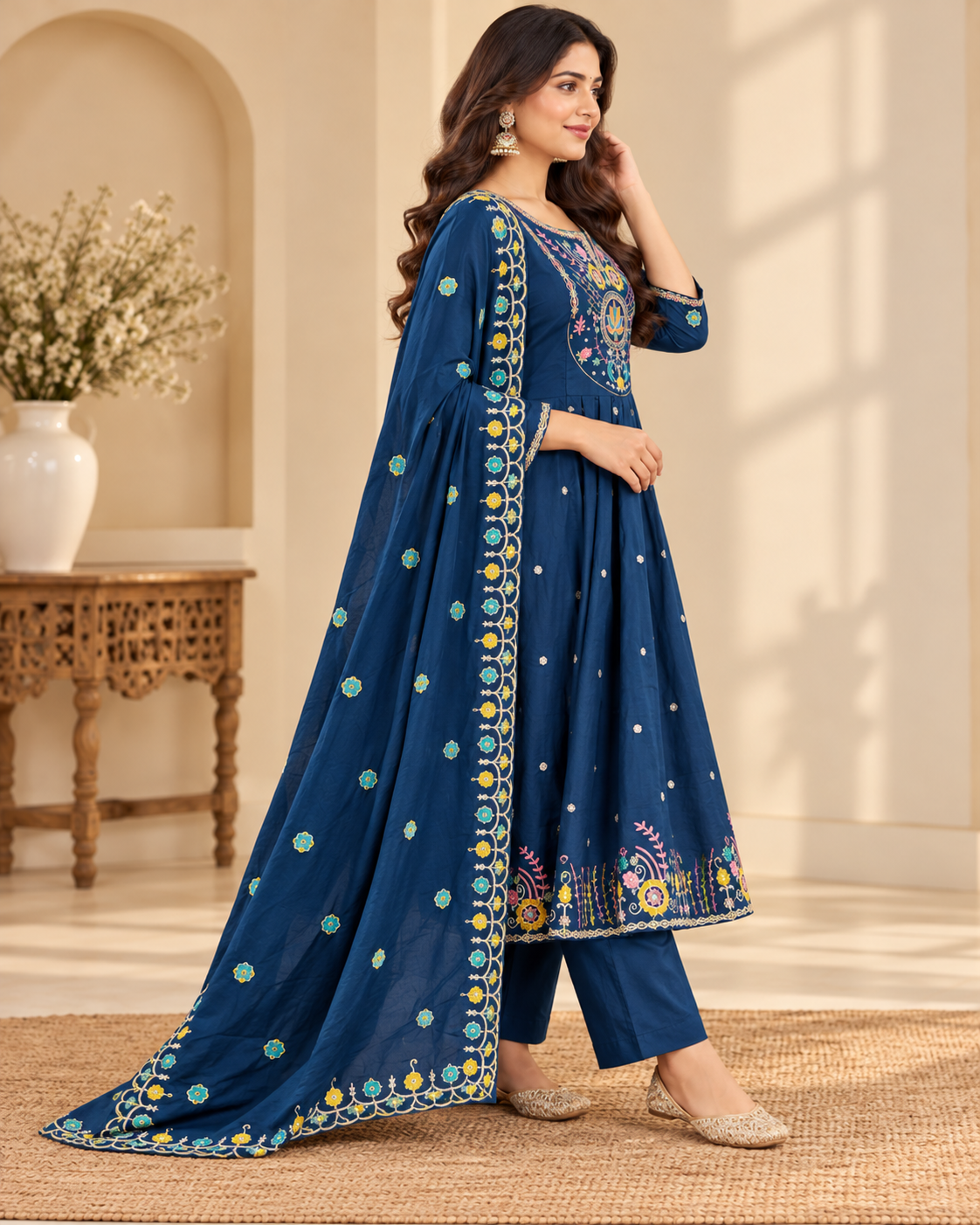 A woman models a navy blue traditional Indian outfit consisting of a long kurta, matching pants, and a dupatta, decorated with gold and yellow floral embroidery and white polka dots, set against a warm beige background with a wooden table and vase.