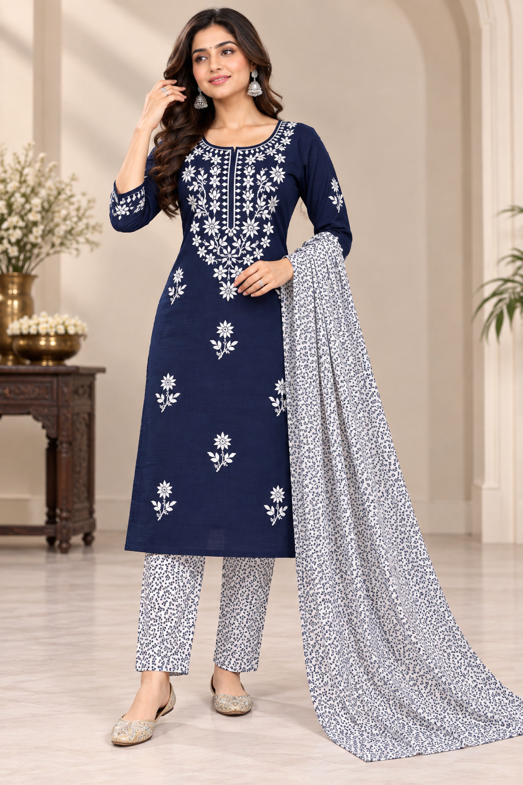 A woman models a navy blue salwar kameez suit with intricate white embroidery, matching patterned trousers, and a coordinating patterned dupatta in an indoor setting.
