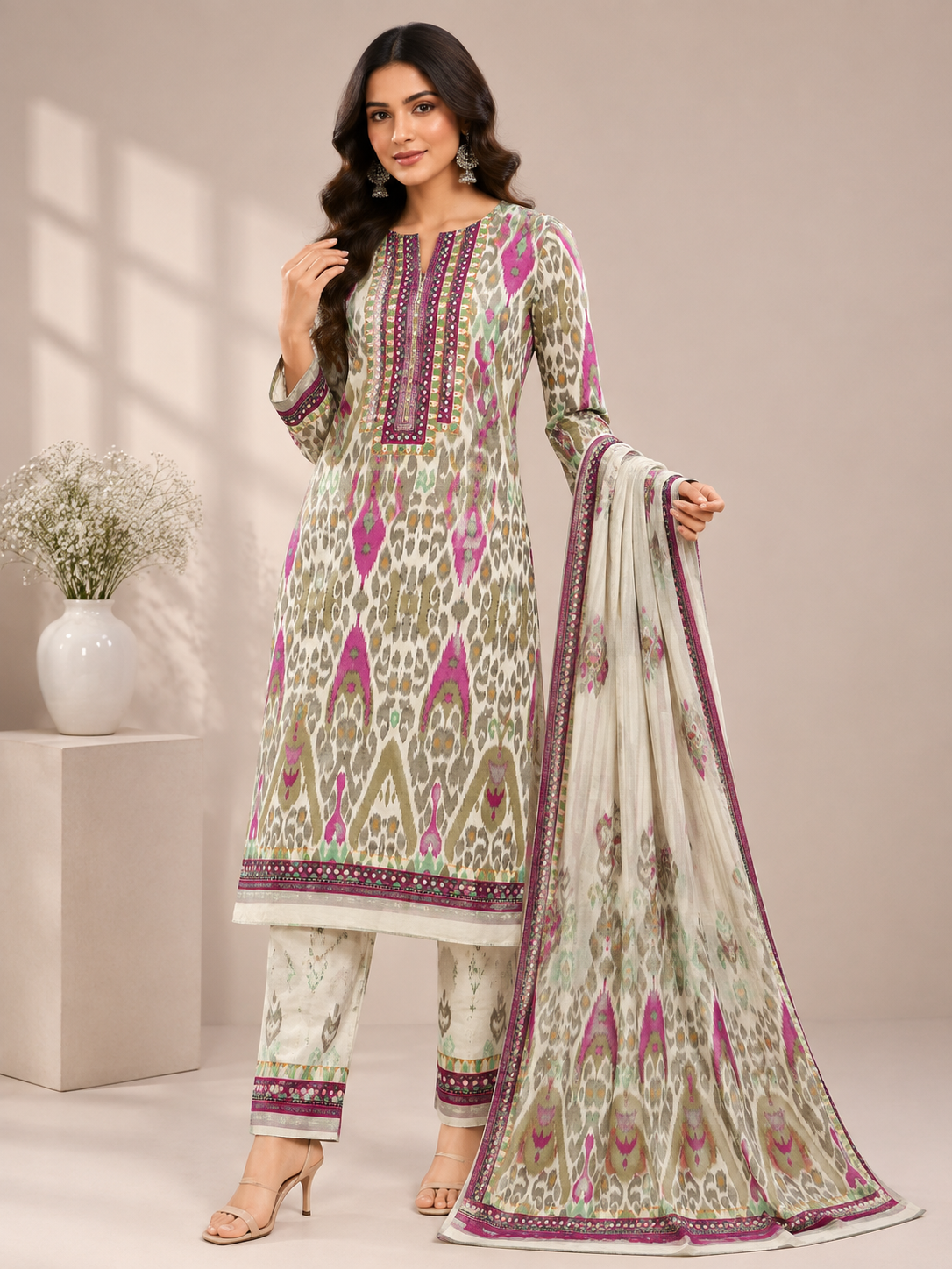 Women’s Multicolor Printed Unstitched Suit Set with Embroidered Neck, Matching Pants & Dupatta