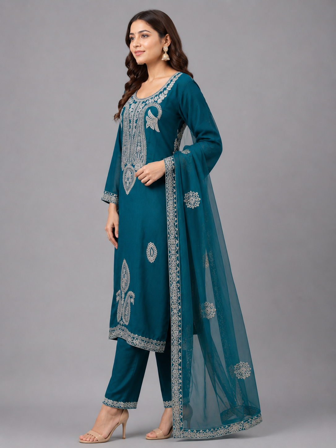 Teal Blue Embroidered Chanderi Silk Suit Set with Organza Dupatta