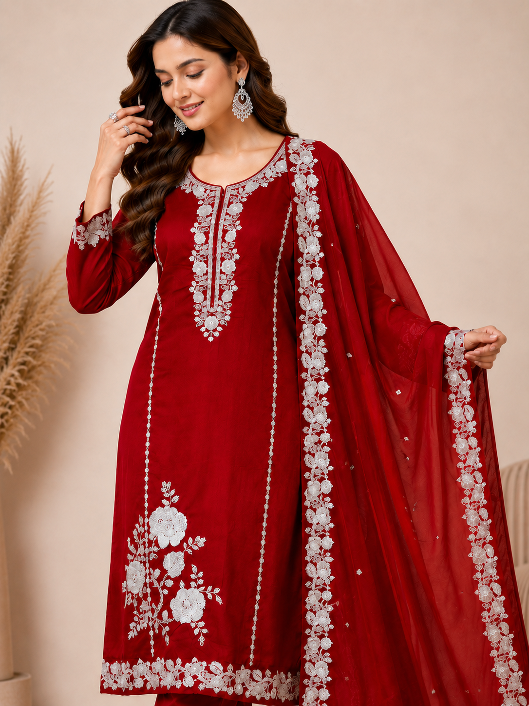 Women’s Maroon Red Handwork Embroidered Mul Chanderi Kurta Set with Dupatta