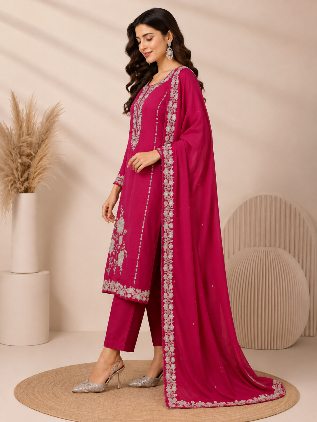 A woman models a magenta pink ethnic salwar kameez suit with silver floral embroidery and a matching dupatta, set against a neutral beige background.