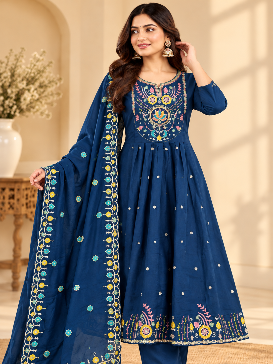 A woman modeling a navy blue traditional Indian salwar kameez suit with intricate multicolor embroidery and a matching dupatta, set against a warm beige background.
