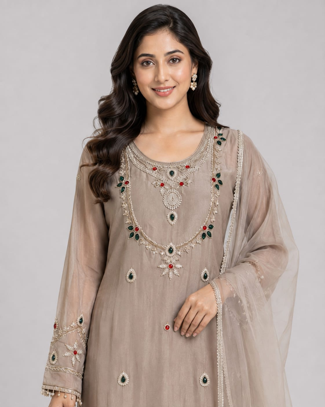 Women’s Beige Embroidered Kora Silk Kurta Set with Organza Dupatta